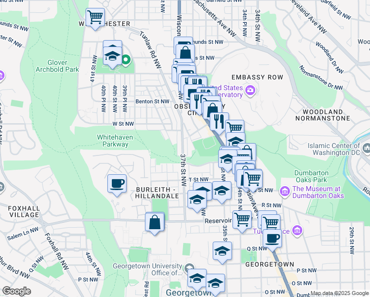 map of restaurants, bars, coffee shops, grocery stores, and more near 2019 37th Street Northwest in Washington