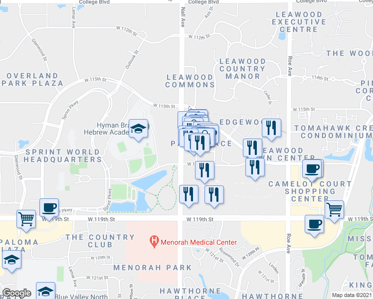 map of restaurants, bars, coffee shops, grocery stores, and more near 11610 Ash Street in Leawood