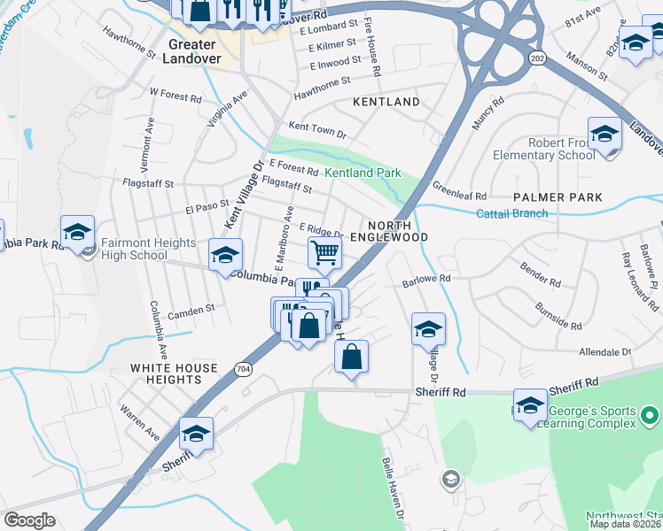 map of restaurants, bars, coffee shops, grocery stores, and more near 7126 East Cedar Street in Hyattsville
