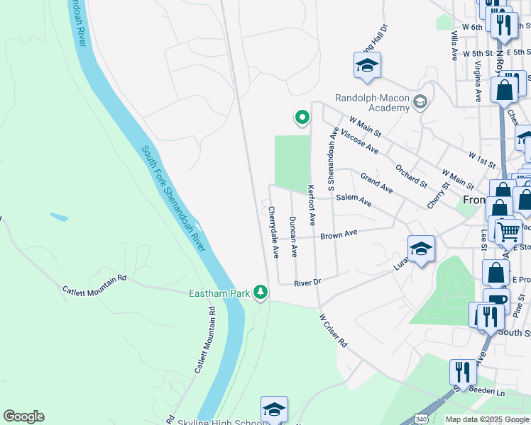 map of restaurants, bars, coffee shops, grocery stores, and more near 343 Cherrydale Avenue in Front Royal