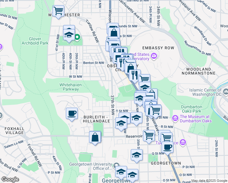 map of restaurants, bars, coffee shops, grocery stores, and more near 2019 37th Street Northwest in Washington