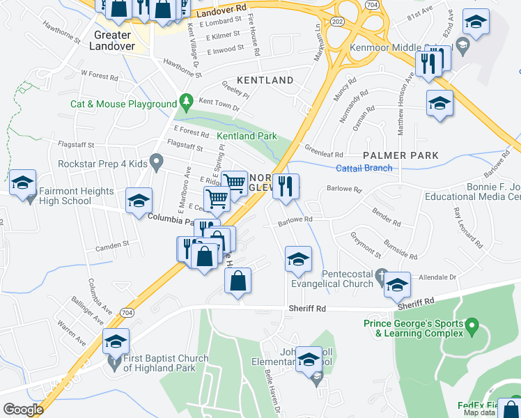 map of restaurants, bars, coffee shops, grocery stores, and more near 1926 Village Green Drive in Hyattsville