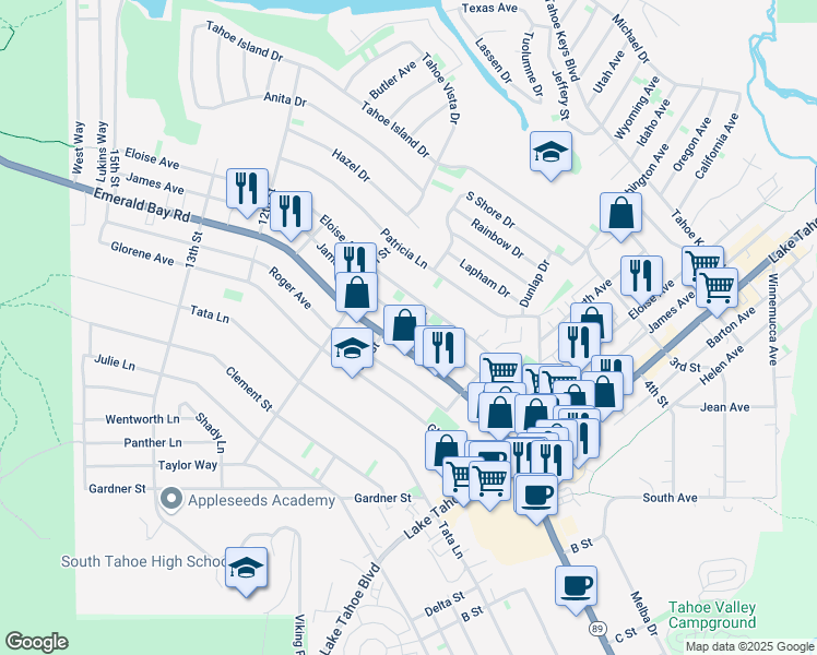 map of restaurants, bars, coffee shops, grocery stores, and more near 2013 7th Street in South Lake Tahoe