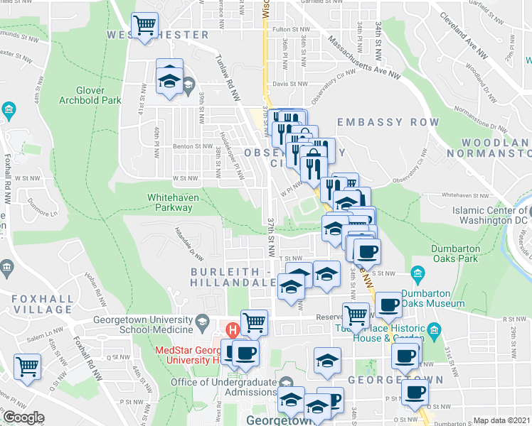 map of restaurants, bars, coffee shops, grocery stores, and more near 2028 37th Street Northwest in Washington