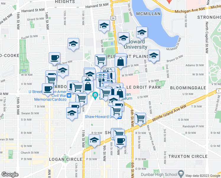 map of restaurants, bars, coffee shops, grocery stores, and more near 2030 8th Street Northwest in Washington