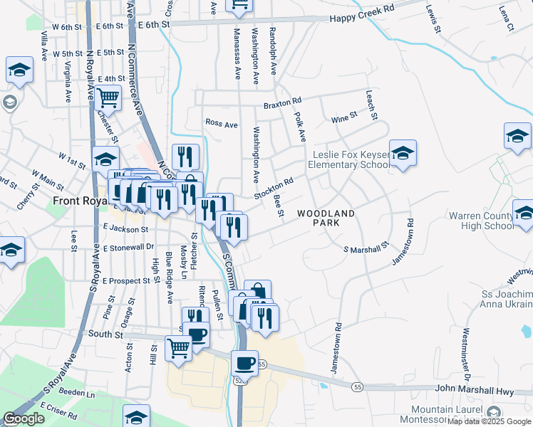 map of restaurants, bars, coffee shops, grocery stores, and more near 9 Washington Avenue in Front Royal