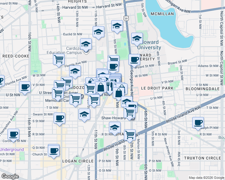 map of restaurants, bars, coffee shops, grocery stores, and more near 101 Independence Avenue Southeast in Washington