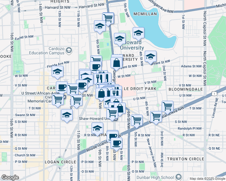 map of restaurants, bars, coffee shops, grocery stores, and more near 101 Independence Avenue Southeast in Washington