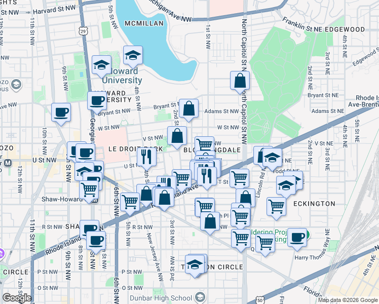 map of restaurants, bars, coffee shops, grocery stores, and more near 101 Independence Avenue Southeast in Washington