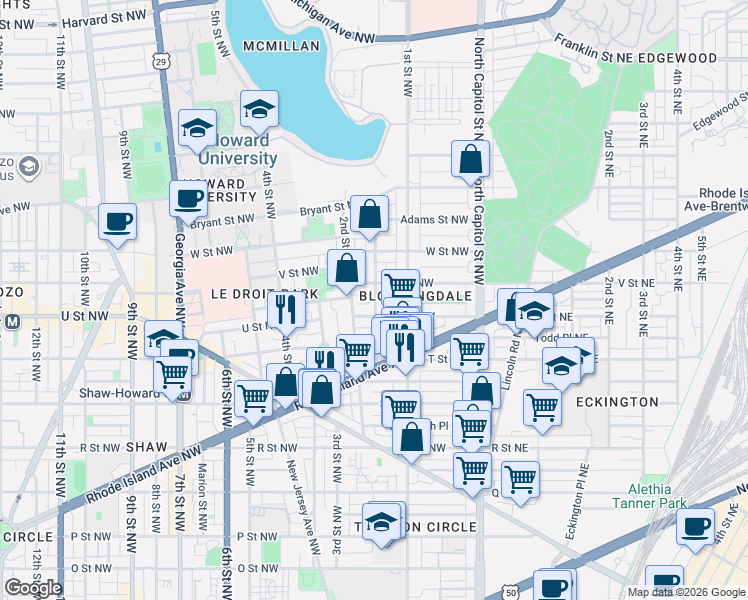 map of restaurants, bars, coffee shops, grocery stores, and more near 101 Independence Avenue Southeast in Washington