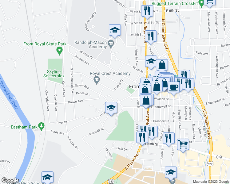 map of restaurants, bars, coffee shops, grocery stores, and more near 100 Cherry Street in Front Royal