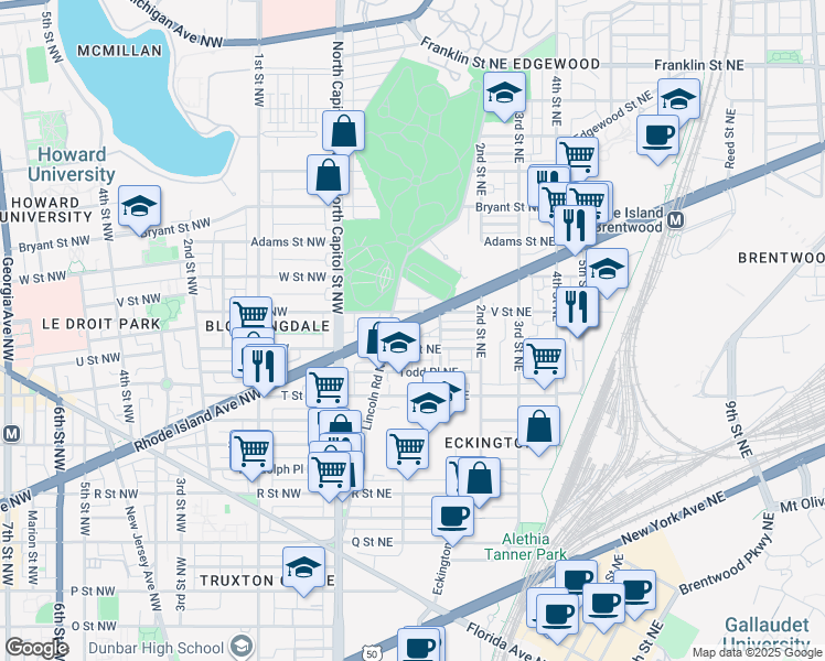 map of restaurants, bars, coffee shops, grocery stores, and more near 109 Rhode Island Avenue Northeast in Washington