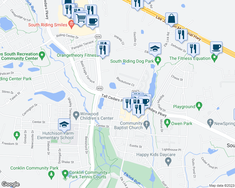 map of restaurants, bars, coffee shops, grocery stores, and more near 42998 Thoroughgood Drive in Chantilly