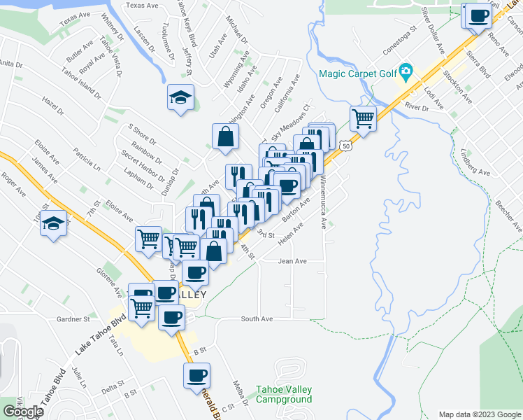 map of restaurants, bars, coffee shops, grocery stores, and more near 2185 Lake Tahoe Boulevard in South Lake Tahoe