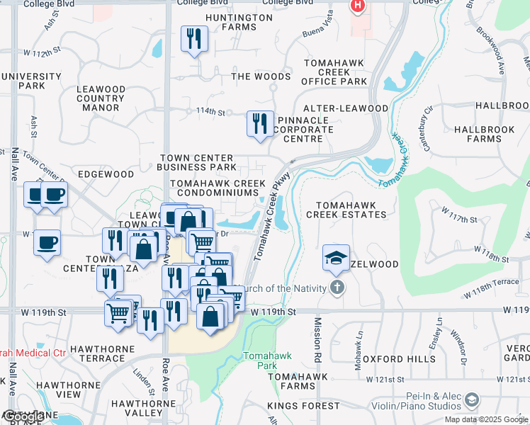map of restaurants, bars, coffee shops, grocery stores, and more near 11627 Tomahawk Creek Parkway in Leawood