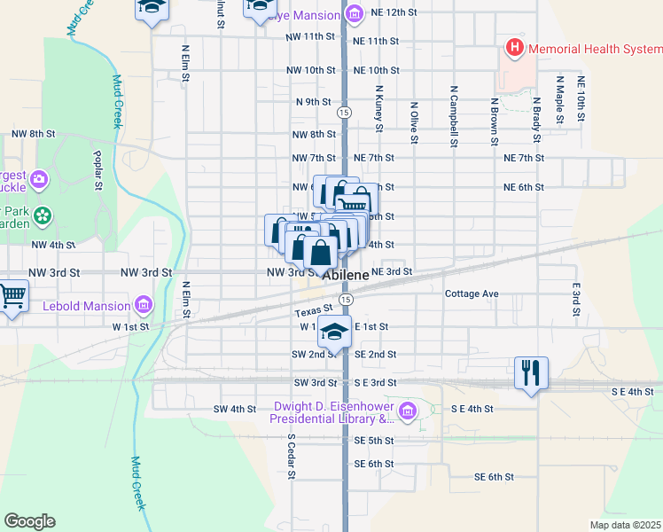 map of restaurants, bars, coffee shops, grocery stores, and more near 110 Northwest 3rd Street in Abilene
