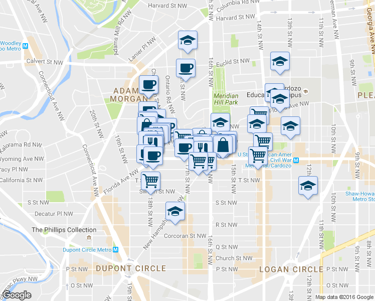 map of restaurants, bars, coffee shops, grocery stores, and more near 17th St NW & Seaton St NW in Washington