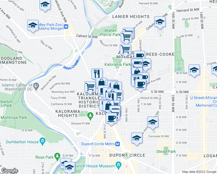 map of restaurants, bars, coffee shops, grocery stores, and more near 2009 Columbia Road Northwest in Washington