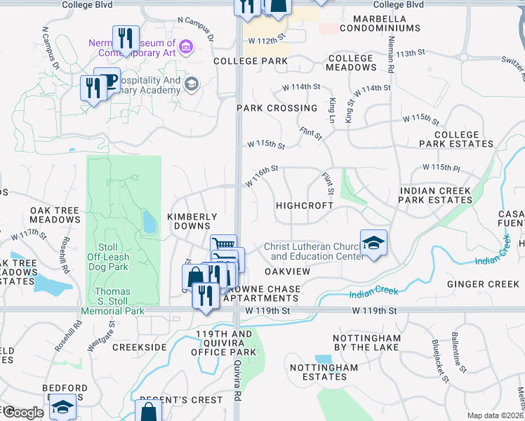 map of restaurants, bars, coffee shops, grocery stores, and more near 11635 Garnett Street in Overland Park