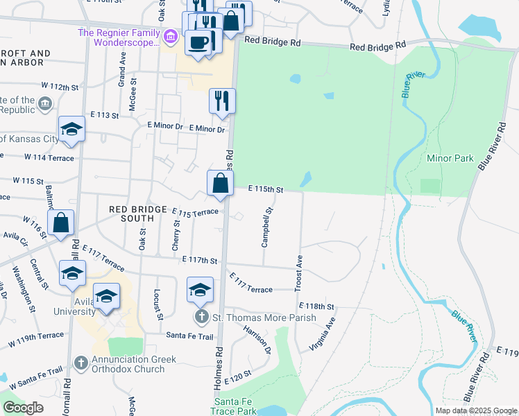 map of restaurants, bars, coffee shops, grocery stores, and more near 11502 Campbell Street in Kansas City