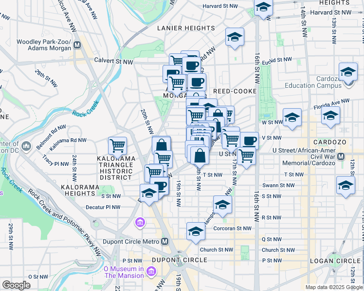 map of restaurants, bars, coffee shops, grocery stores, and more near 1842 California Street Northwest in Washington