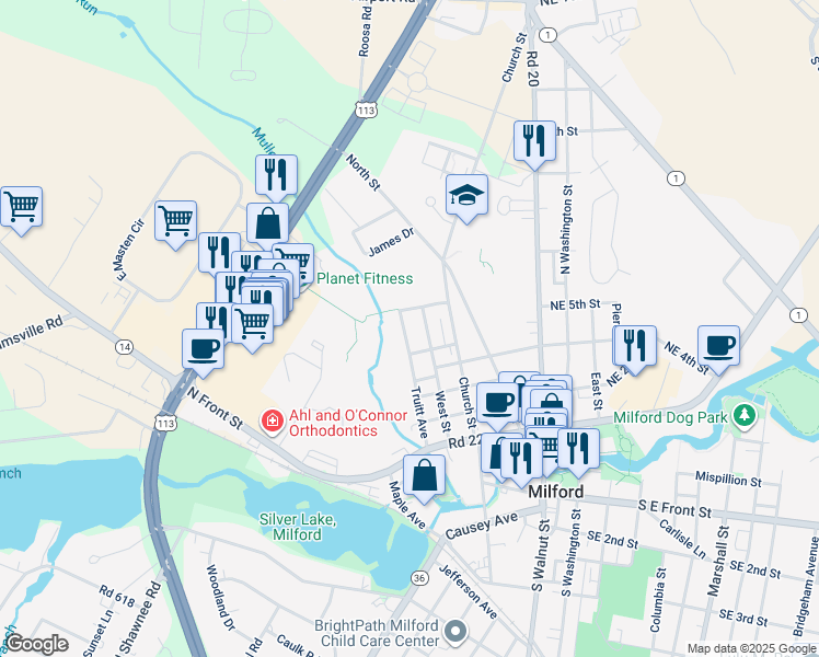 map of restaurants, bars, coffee shops, grocery stores, and more near 513 Truitt Avenue in Milford