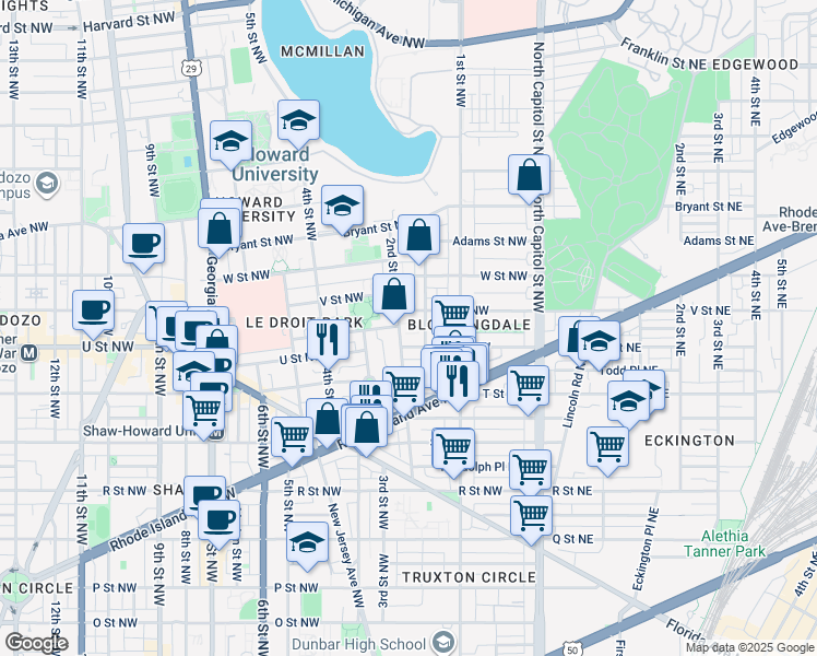 map of restaurants, bars, coffee shops, grocery stores, and more near 101 Independence Avenue Southeast in Washington