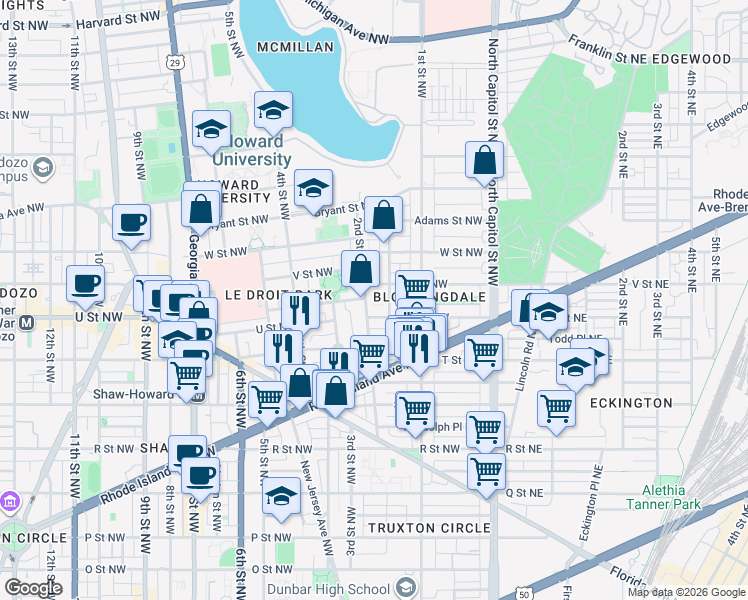 map of restaurants, bars, coffee shops, grocery stores, and more near 101 Independence Avenue Southeast in Washington