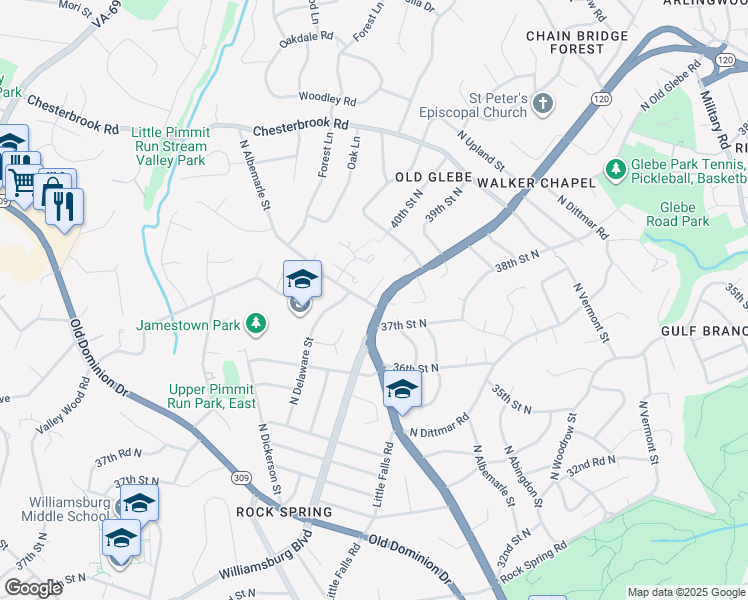 map of restaurants, bars, coffee shops, grocery stores, and more near 3701 N Albemarle St in Arlington