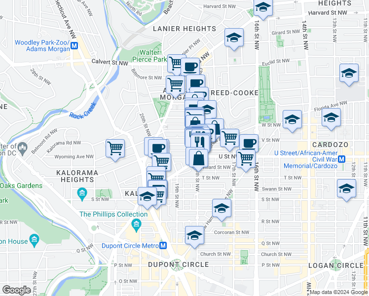 map of restaurants, bars, coffee shops, grocery stores, and more near 1836 California Street Northwest in Washington