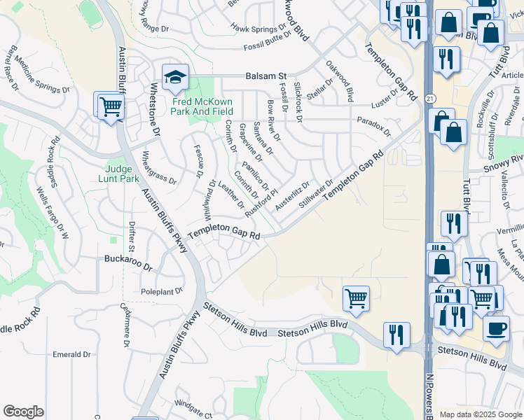 map of restaurants, bars, coffee shops, grocery stores, and more near 5688 Corinth Drive in Colorado Springs