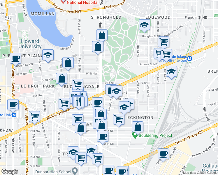 map of restaurants, bars, coffee shops, grocery stores, and more near 36 Rhode Island Avenue Northeast in Washington