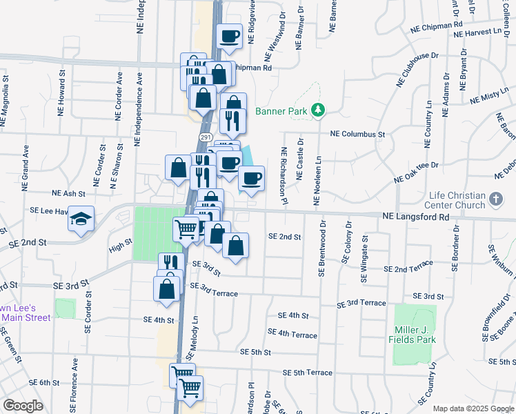 map of restaurants, bars, coffee shops, grocery stores, and more near 998 East Langsford Road in Lee's Summit