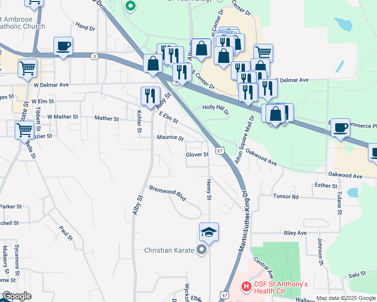 map of restaurants, bars, coffee shops, grocery stores, and more near 300 Glover Street in Alton