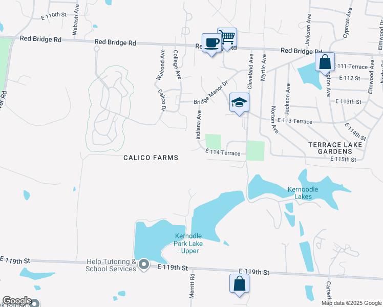 map of restaurants, bars, coffee shops, grocery stores, and more near 3317 East 114 Terrace in Kansas City