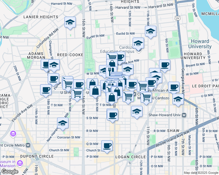 map of restaurants, bars, coffee shops, grocery stores, and more near 2000 14th Street Northwest in Washington