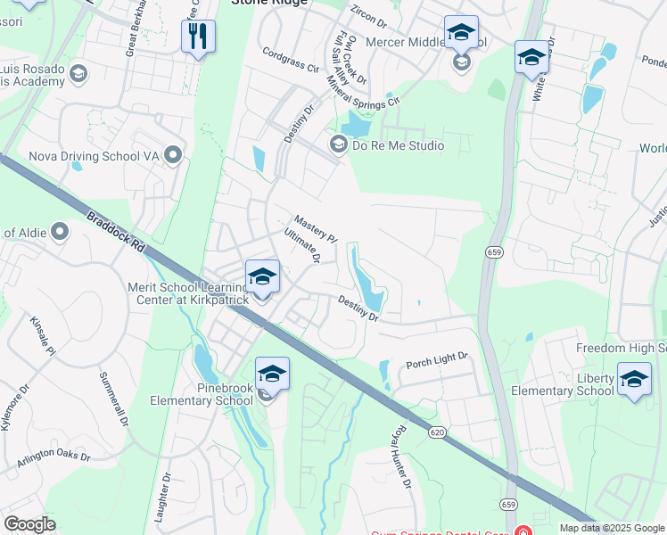 map of restaurants, bars, coffee shops, grocery stores, and more near 25282 Supreme Drive in Aldie