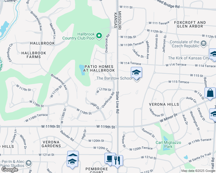 map of restaurants, bars, coffee shops, grocery stores, and more near 2104 West 117th Street in Leawood