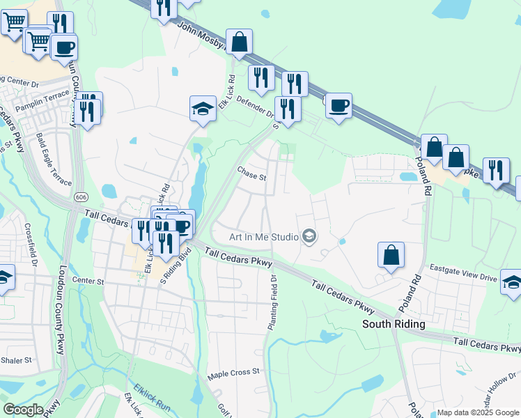 map of restaurants, bars, coffee shops, grocery stores, and more near 25305 Winter Lane in Chantilly