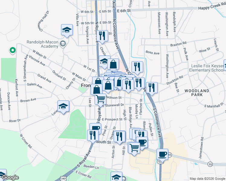 map of restaurants, bars, coffee shops, grocery stores, and more near 131 East Main Street in Front Royal