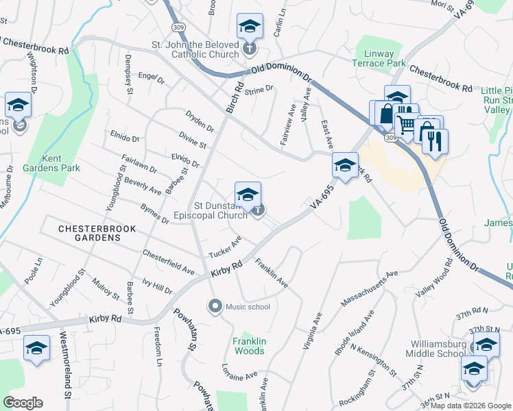 map of restaurants, bars, coffee shops, grocery stores, and more near 1826 Kirby Road in McLean