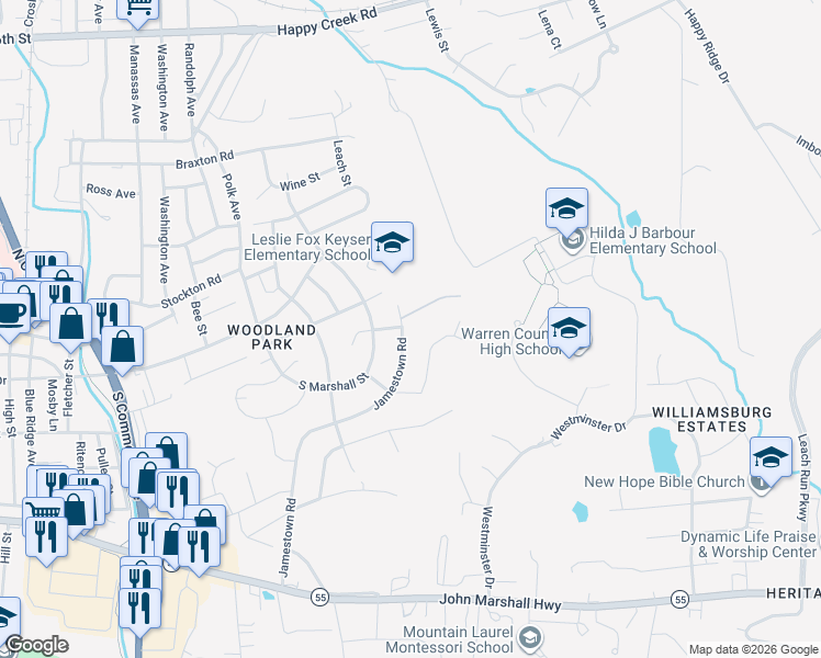 map of restaurants, bars, coffee shops, grocery stores, and more near 326 Jamestown Road in Front Royal