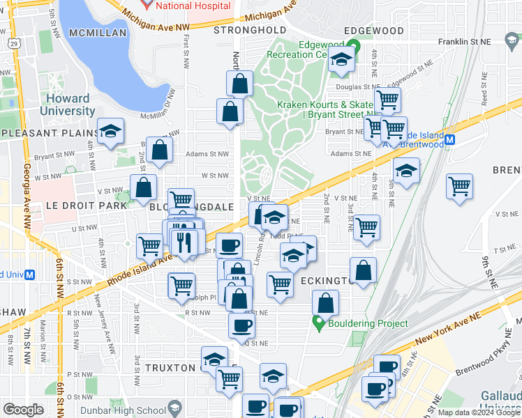 map of restaurants, bars, coffee shops, grocery stores, and more near 44 Rhode Island Avenue Northeast in Washington