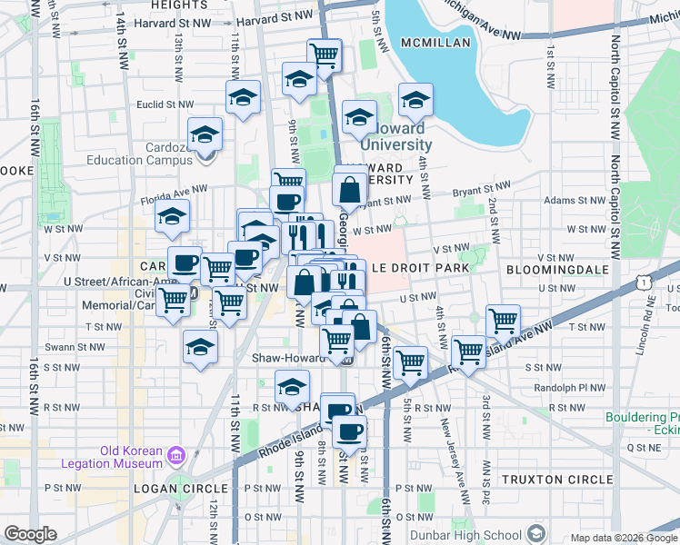 map of restaurants, bars, coffee shops, grocery stores, and more near 700 V Street Northwest in Washington