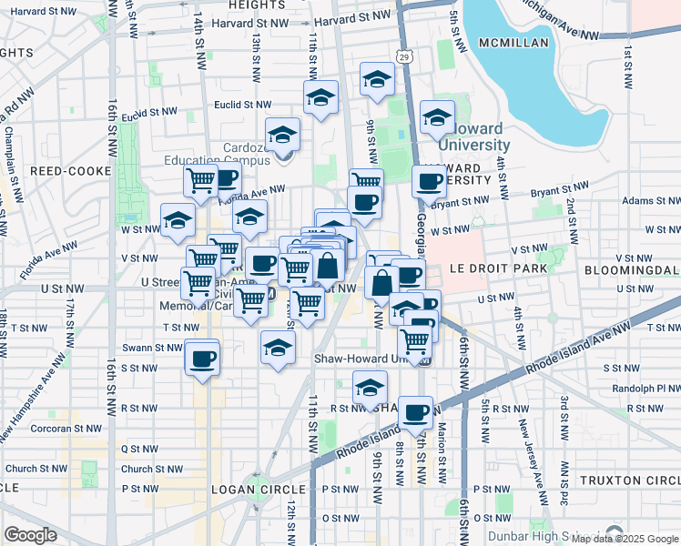 map of restaurants, bars, coffee shops, grocery stores, and more near 2001 10th Street Northwest in Washington