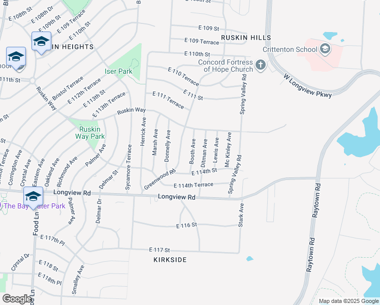map of restaurants, bars, coffee shops, grocery stores, and more near 11308 Booth Avenue in Kansas City