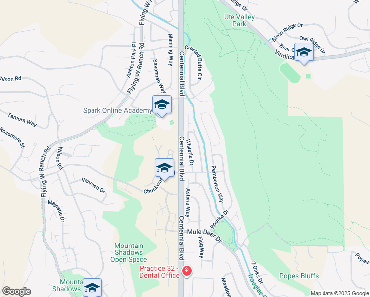 map of restaurants, bars, coffee shops, grocery stores, and more near 5914 Wisteria Drive in Colorado Springs