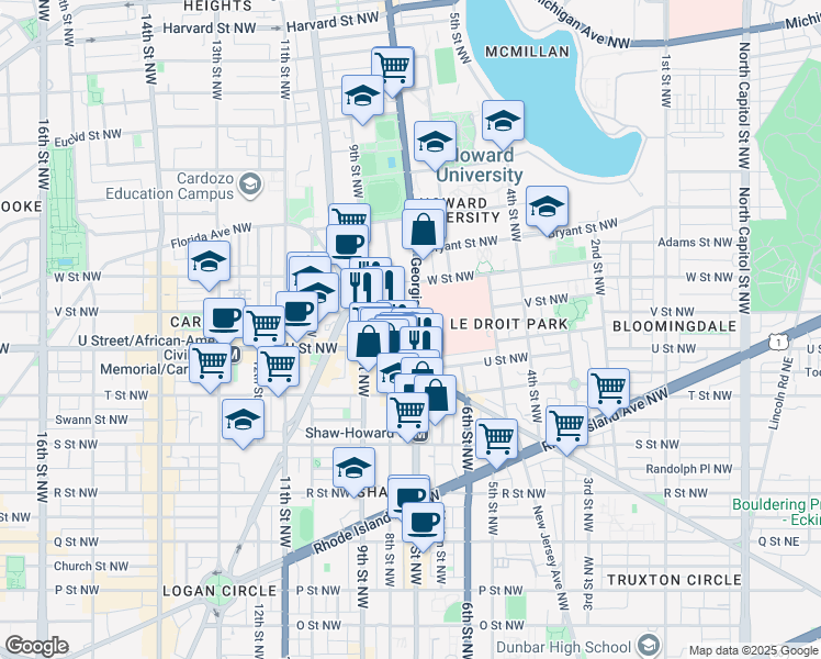 map of restaurants, bars, coffee shops, grocery stores, and more near 700 V Street Northwest in Washington