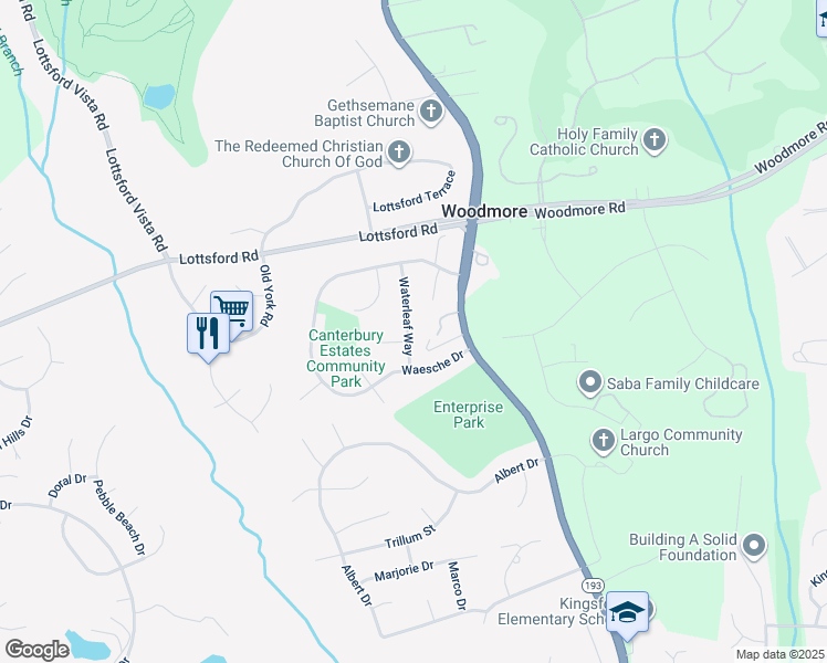 map of restaurants, bars, coffee shops, grocery stores, and more near 2101 Waterleaf Way in Bowie