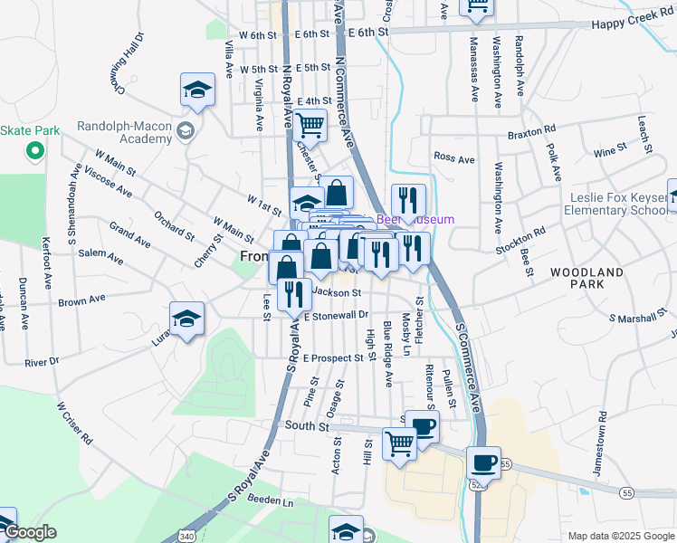 map of restaurants, bars, coffee shops, grocery stores, and more near 205 East Main Street in Front Royal